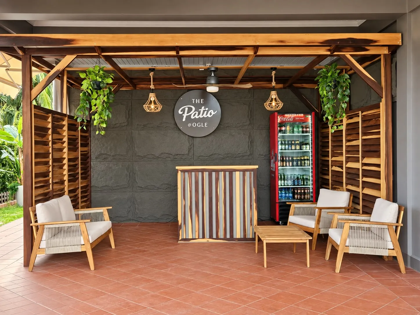 The Patio restaurant entrance and covered seating in Ogle